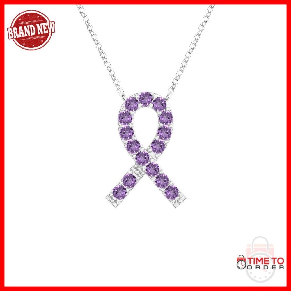 Sterling Silver Amethyst Cancer Ribbon Pendant Necklace Birthstone Jewelry